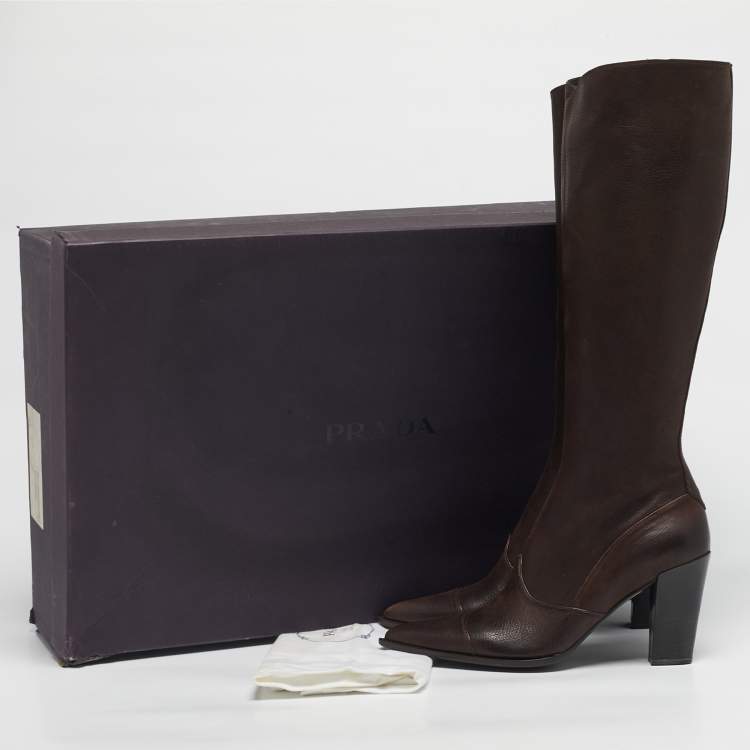 Pre Owned Prada Dark Brown Leather Knee Length Boots Size 38