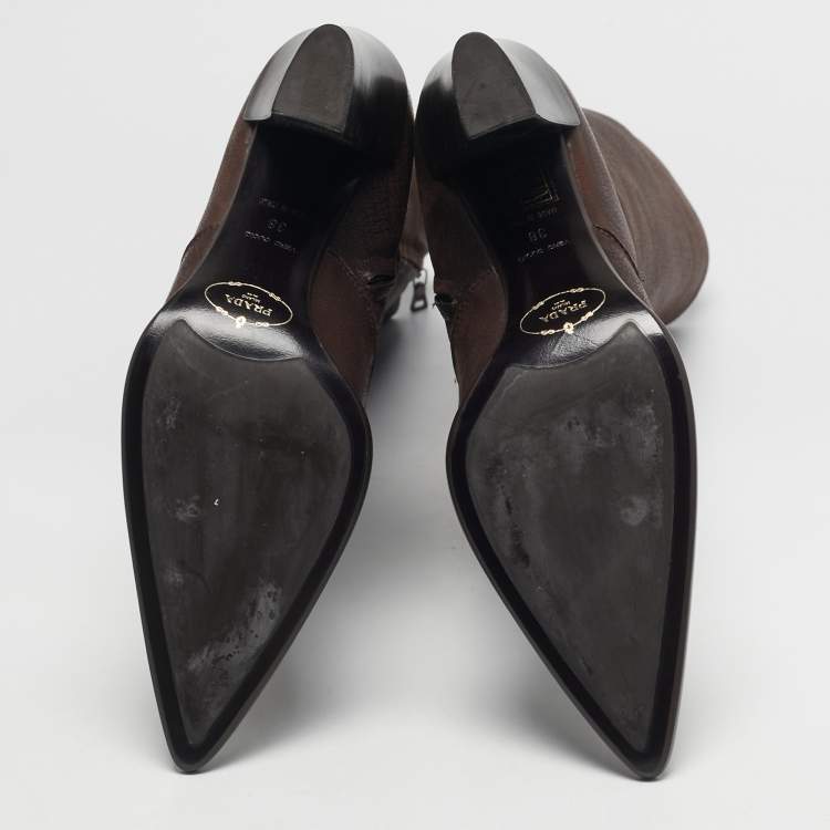 Pre Owned Prada Dark Brown Leather Knee Length Boots Size 38