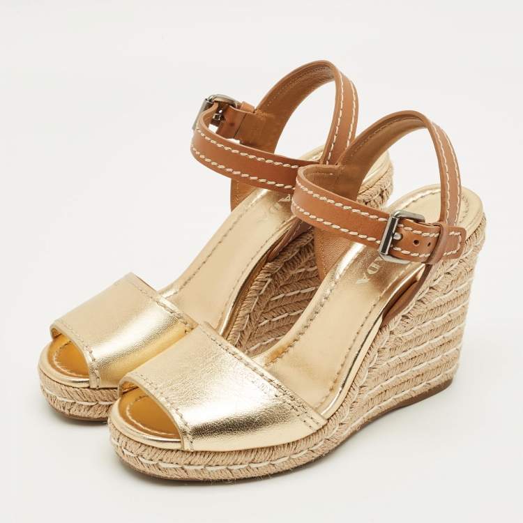 Pre Owned Prada Size 40 Gold/Brown Leather Espadrille Wedge Sandals