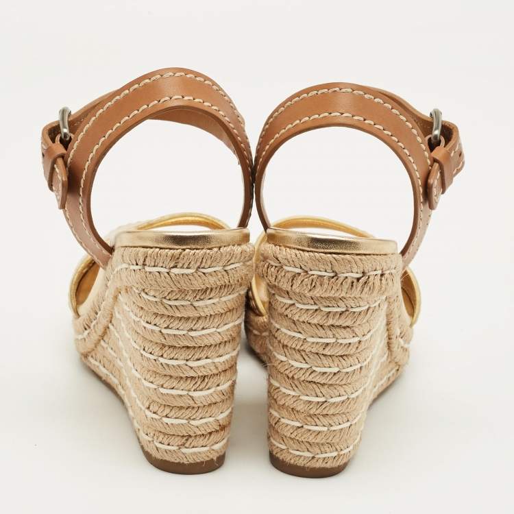 Pre Owned Prada Size 40 Gold/Brown Leather Espadrille Wedge Sandals