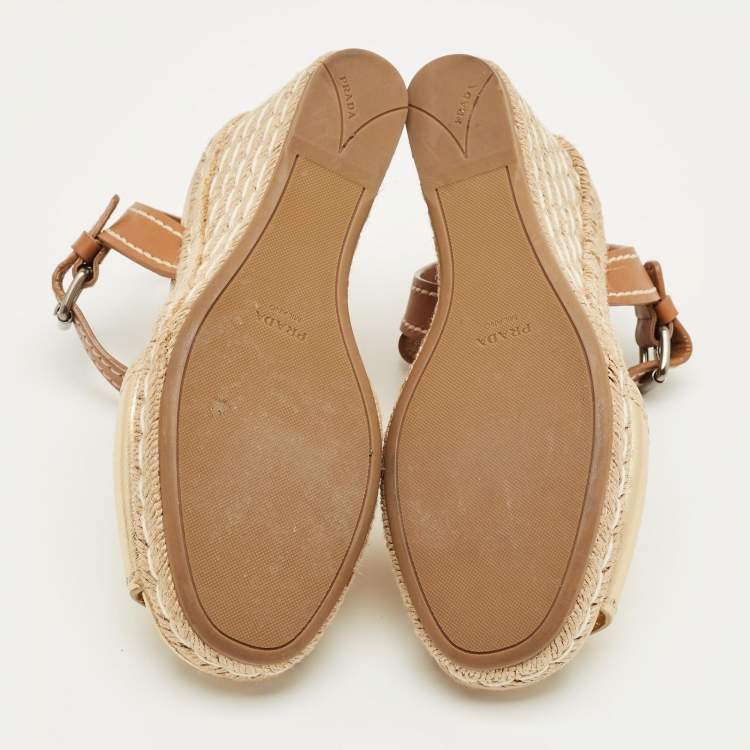 Pre Owned Prada Size 40 Gold/Brown Leather Espadrille Wedge Sandals