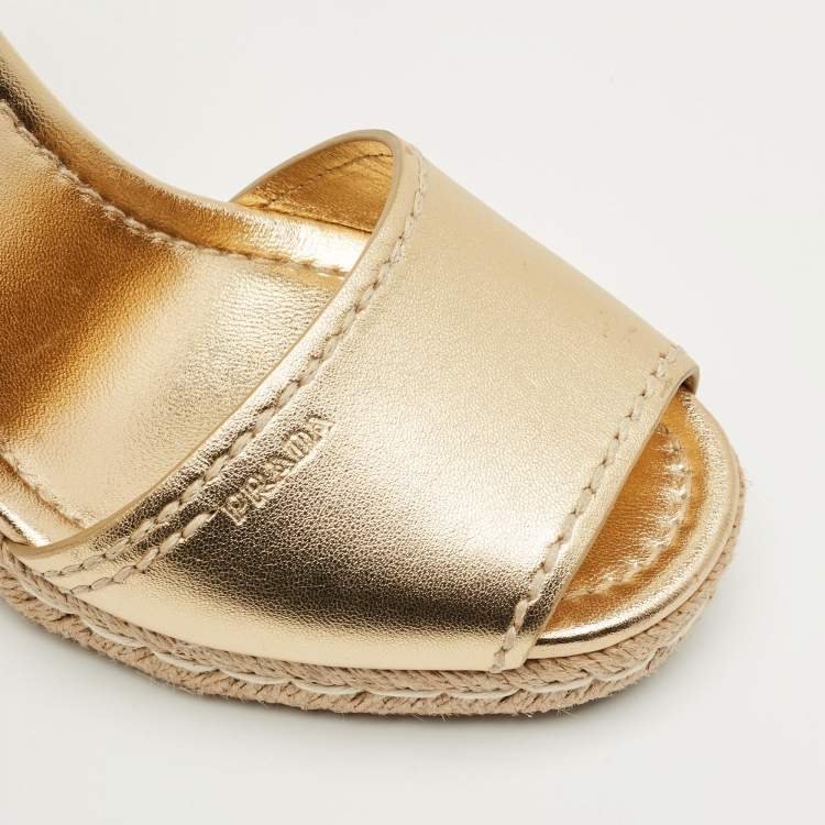 Pre Owned Prada Size 40 Gold/Brown Leather Espadrille Wedge Sandals