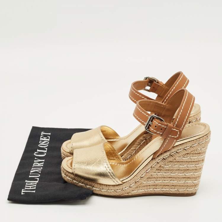 Pre Owned Prada Size 40 Gold/Brown Leather Espadrille Wedge Sandals