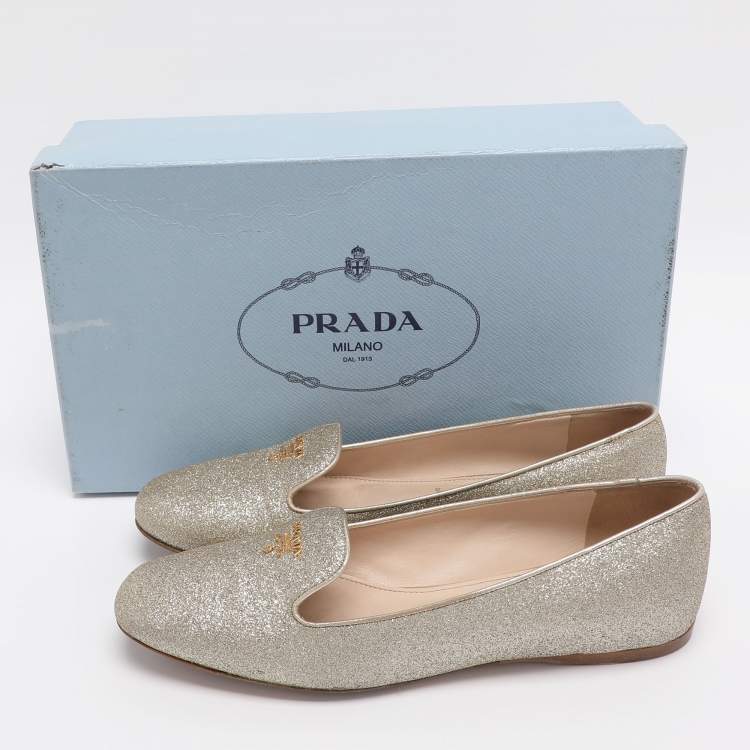 Pre Owned Prada Size 37.5 Gold Glitter Smoking Slippers