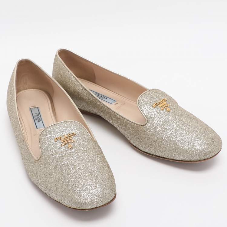 Pre Owned Prada Size 37.5 Gold Glitter Smoking Slippers