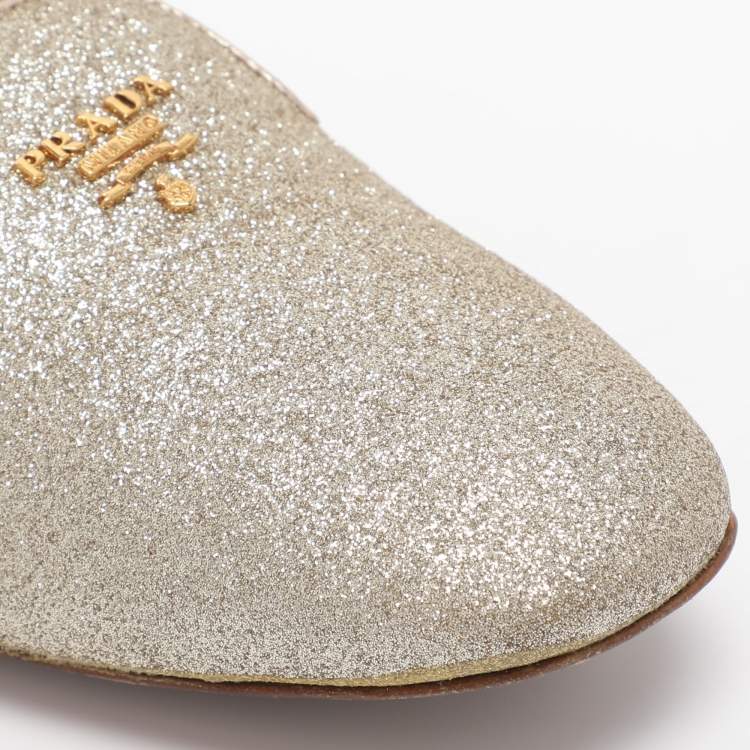 Pre Owned Prada Size 37.5 Gold Glitter Smoking Slippers