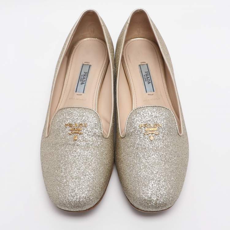 Pre Owned Prada Size 37.5 Gold Glitter Smoking Slippers