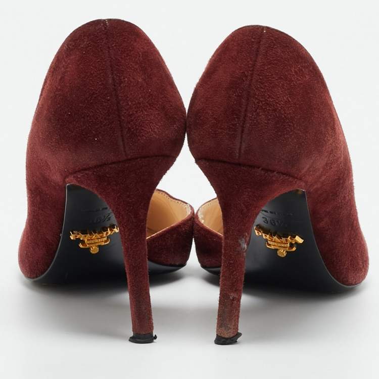 Pre Owned حذاء كعب عالي برادا جلد لامع وعنق جلد مخملي بوردو مقاس 36.5