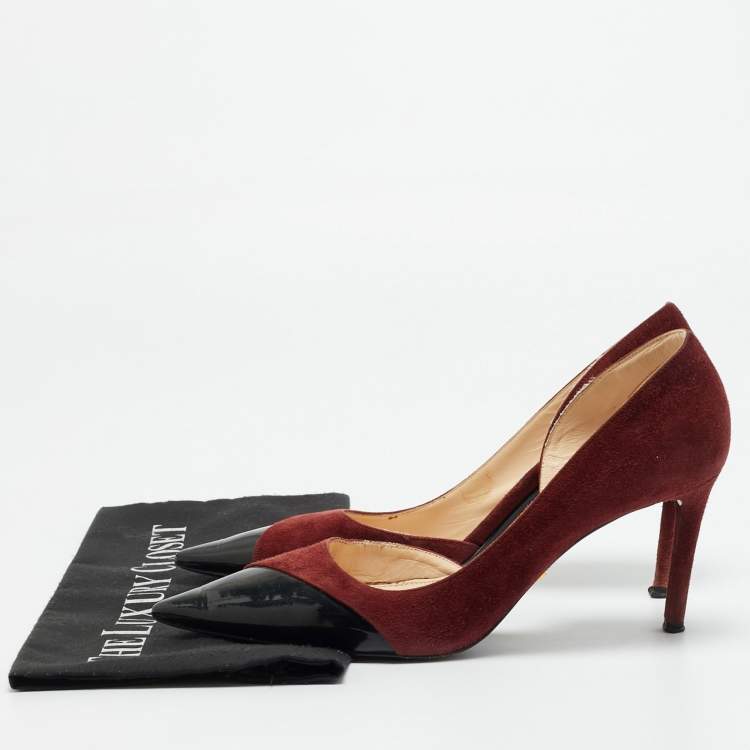 Pre Owned حذاء كعب عالي برادا جلد لامع وعنق جلد مخملي بوردو مقاس 36.5