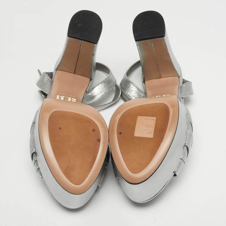 Pre Owned Prada Knotted Size 37.5 Silver Leather Ankle Strap Sandals