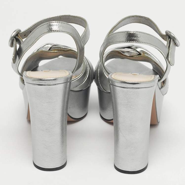 Pre Owned Prada Knotted Size 37.5 Silver Leather Ankle Strap Sandals