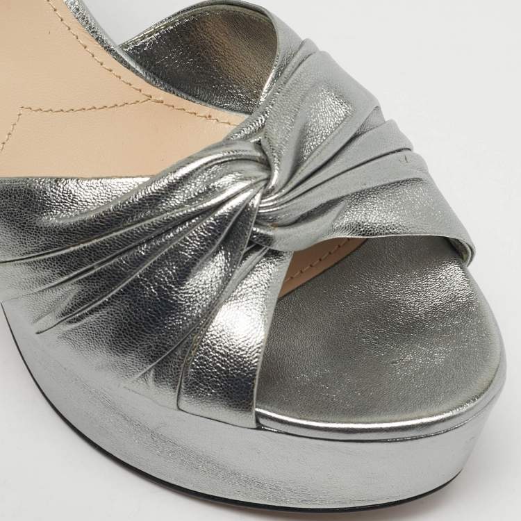 Pre Owned Prada Knotted Size 37.5 Silver Leather Ankle Strap Sandals