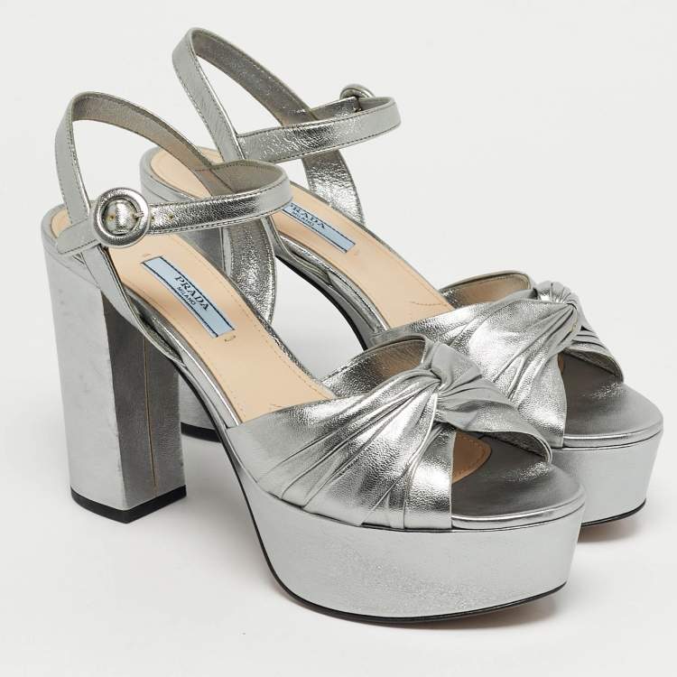 Pre Owned Prada Knotted Size 37.5 Silver Leather Ankle Strap Sandals