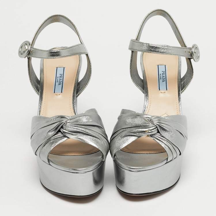 Pre Owned Prada Knotted Size 37.5 Silver Leather Ankle Strap Sandals