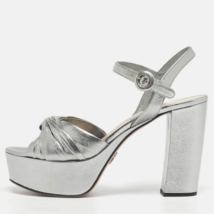 Pre Owned Prada Knotted Size 37.5 Silver Leather Ankle Strap Sandals