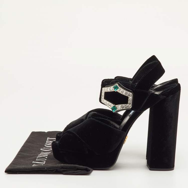 Pre Owned Prada Size 40 Black Velvet Cross Strap Platform Crystal Block Heel Sandals