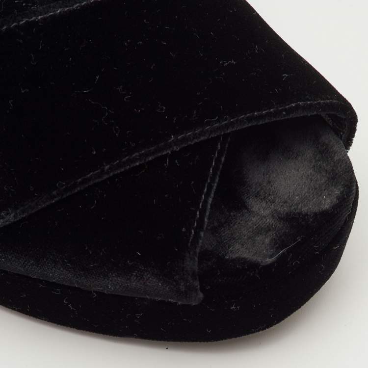 Pre Owned Prada Size 40 Black Velvet Cross Strap Platform Crystal Block Heel Sandals