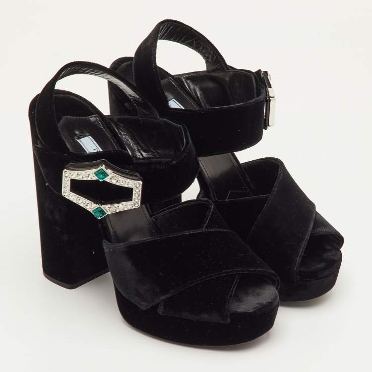 Pre Owned Prada Size 40 Black Velvet Cross Strap Platform Crystal Block Heel Sandals