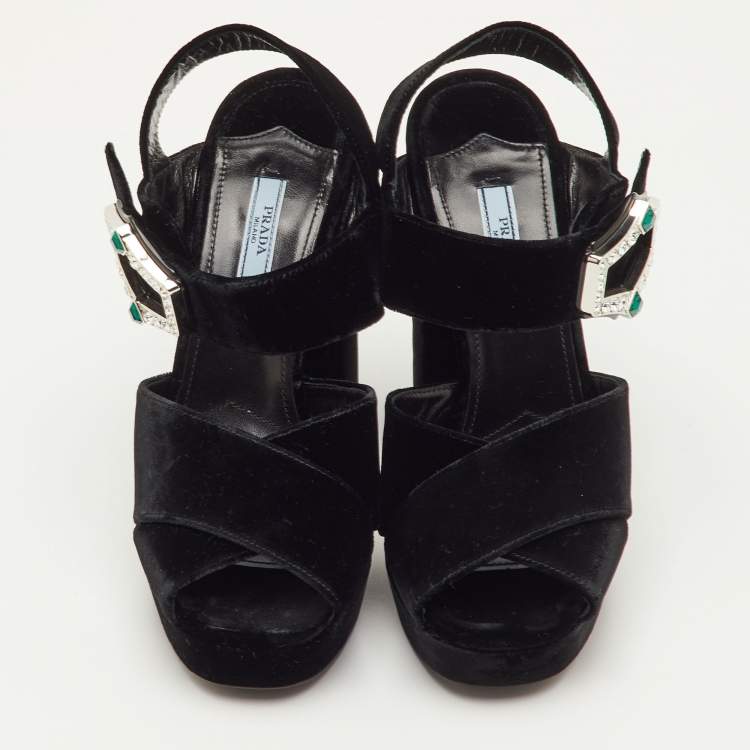 Pre Owned Prada Size 40 Black Velvet Cross Strap Platform Crystal Block Heel Sandals