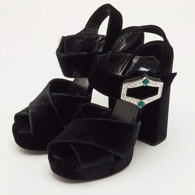 Pre Owned Prada Size 40 Black Velvet Cross Strap Platform Crystal Block Heel Sandals