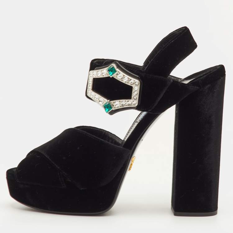 Pre Owned Prada Size 40 Black Velvet Cross Strap Platform Crystal Block Heel Sandals