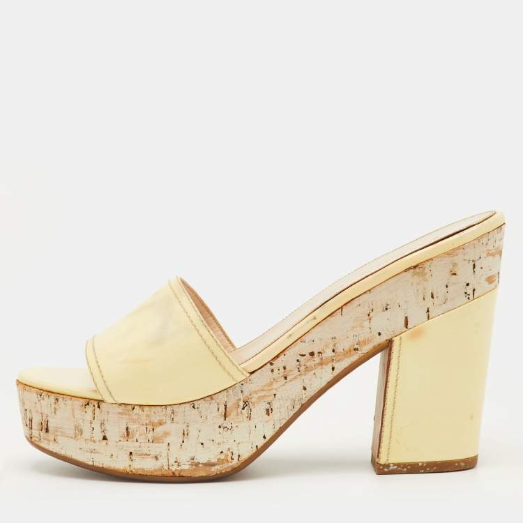 Pre Owned Prada Size 41 Cream Patent Leather Cork Platform Block Heel Sandals
