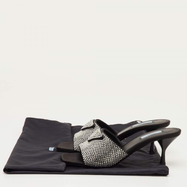 Pre Owned Prada Size 40 Black Satin Crystal Embellished Slide Sandals