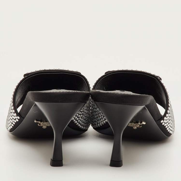 Pre Owned Prada Size 40 Black Satin Crystal Embellished Slide Sandals