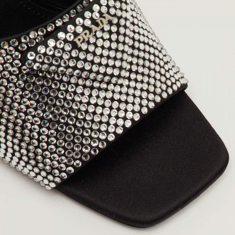 Pre Owned Prada Size 40 Black Satin Crystal Embellished Slide Sandals