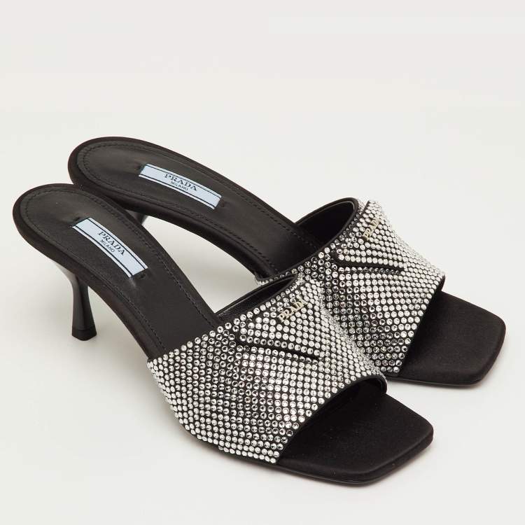 Pre Owned Prada Size 40 Black Satin Crystal Embellished Slide Sandals