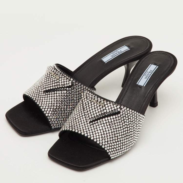Pre Owned Prada Size 40 Black Satin Crystal Embellished Slide Sandals