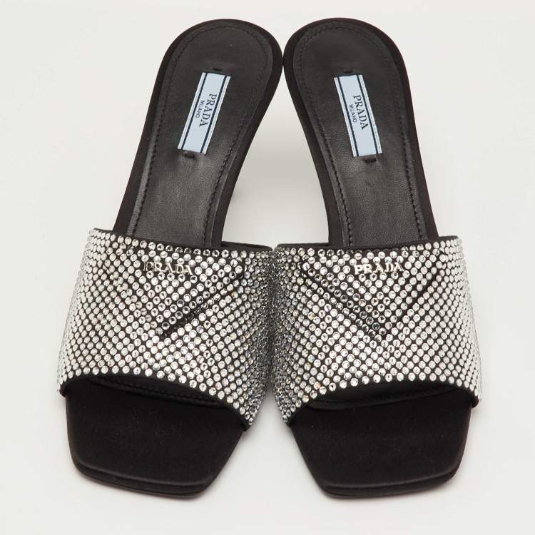 Pre Owned Prada Size 40 Black Satin Crystal Embellished Slide Sandals