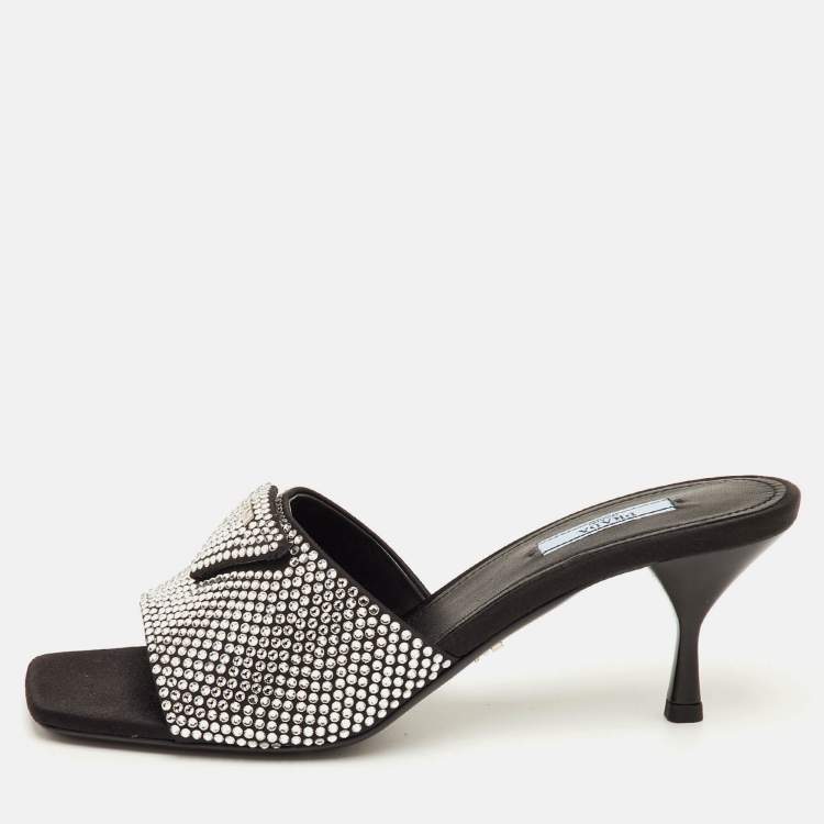 Pre Owned Prada Size 40 Black Satin Crystal Embellished Slide Sandals