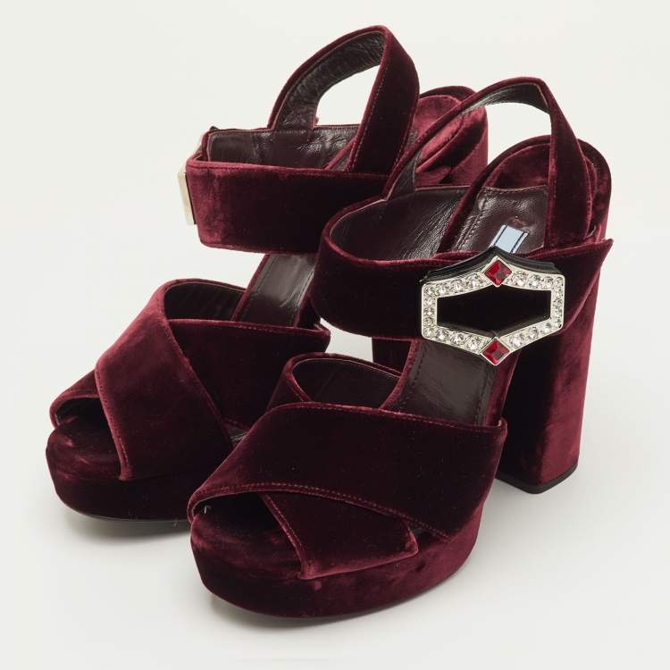 Pre Owned Prada Size 40 Burgundy Velvet Cross Strap Platform Crystal Block Heel Sandals