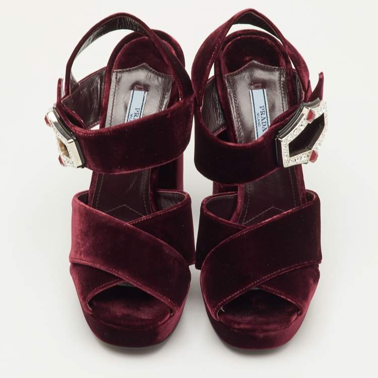 Pre Owned Prada Size 40 Burgundy Velvet Cross Strap Platform Crystal Block Heel Sandals