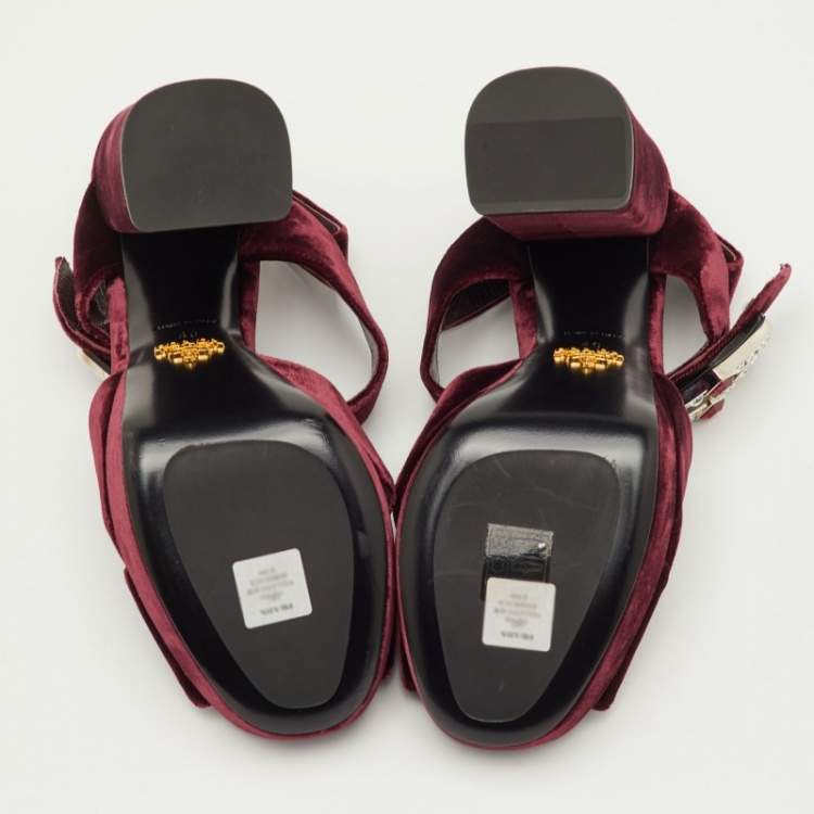 Pre Owned Prada Size 40 Burgundy Velvet Cross Strap Platform Crystal Block Heel Sandals