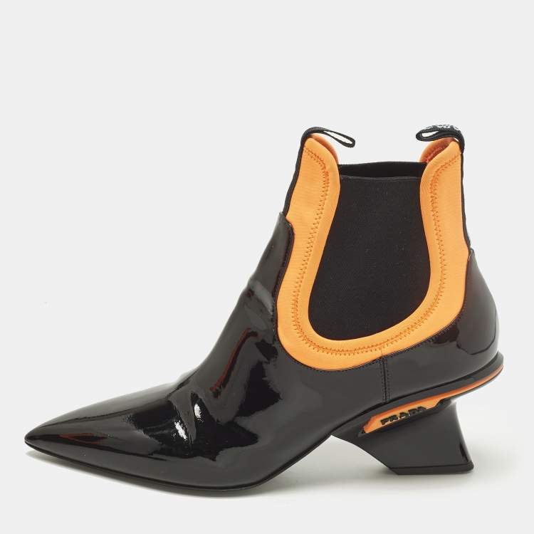 Pre Owned Prada Size 39 Black/Orange Neoprene and Patent Leather Pointed Ankle Length Boots