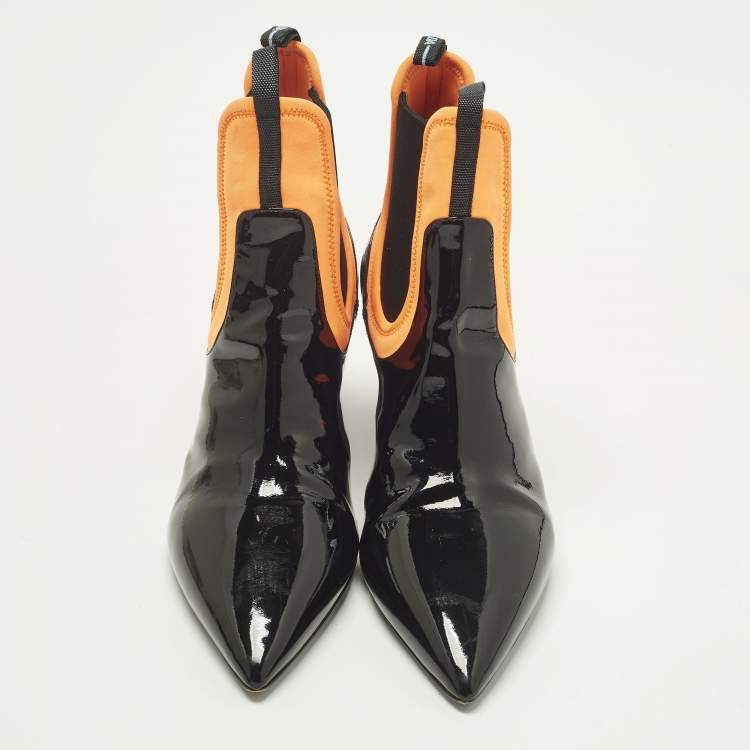 Pre Owned Prada Size 39 Black/Orange Neoprene and Patent Leather Pointed Ankle Length Boots