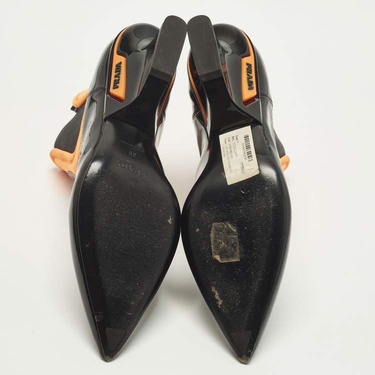 Pre Owned Prada Size 39 Black/Orange Neoprene and Patent Leather Pointed Ankle Length Boots