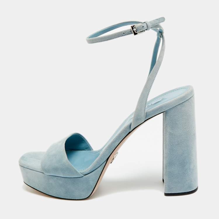 Pre Owned Prada Size 40 Blue Suede Ankle Strap Block Heel Sandals