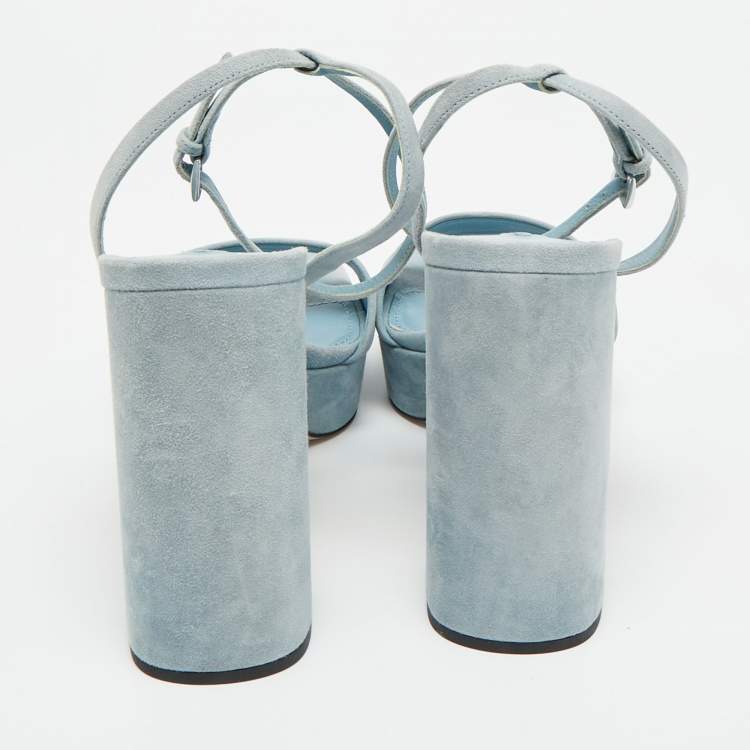 Pre Owned Prada Size 40 Blue Suede Ankle Strap Block Heel Sandals