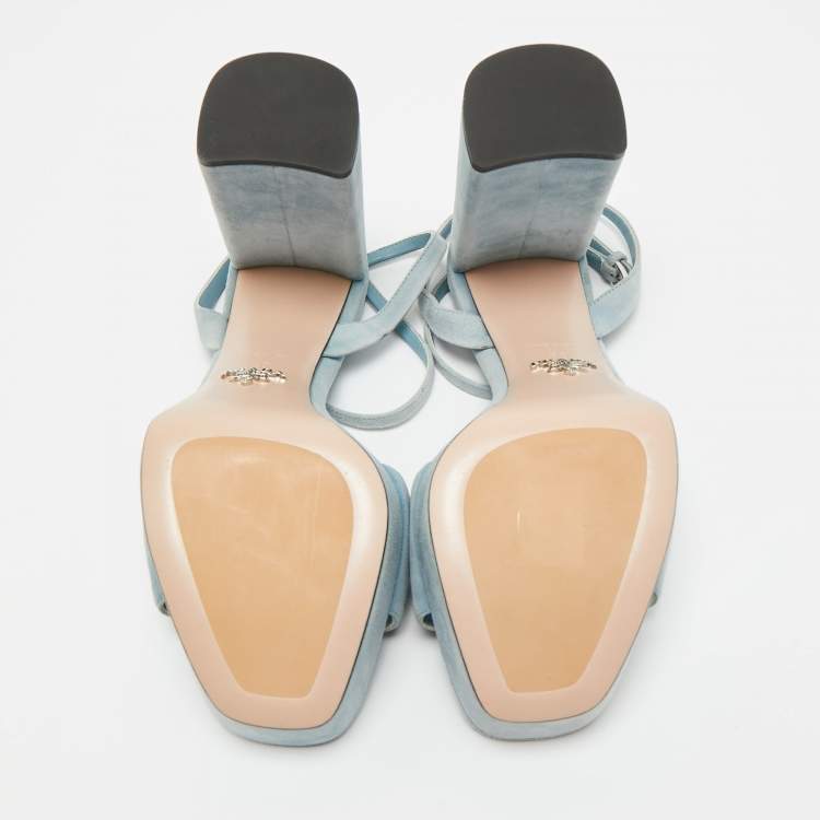 Pre Owned Prada Size 40 Blue Suede Ankle Strap Block Heel Sandals