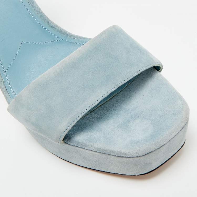 Pre Owned Prada Size 40 Blue Suede Ankle Strap Block Heel Sandals