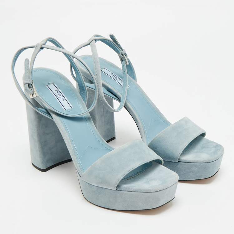 Pre Owned Prada Size 40 Blue Suede Ankle Strap Block Heel Sandals