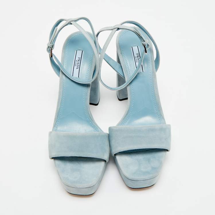 Pre Owned Prada Size 40 Blue Suede Ankle Strap Block Heel Sandals