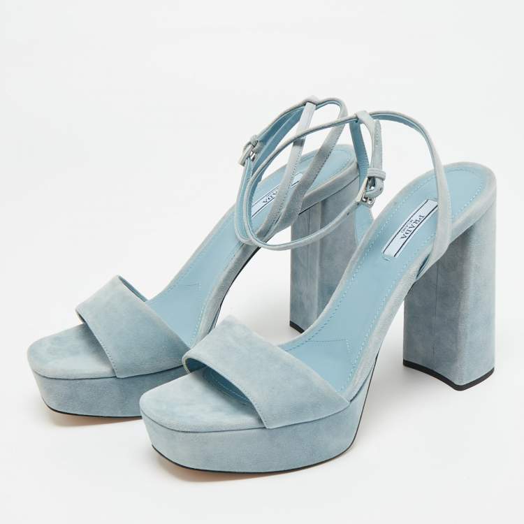 Pre Owned Prada Size 40 Blue Suede Ankle Strap Block Heel Sandals