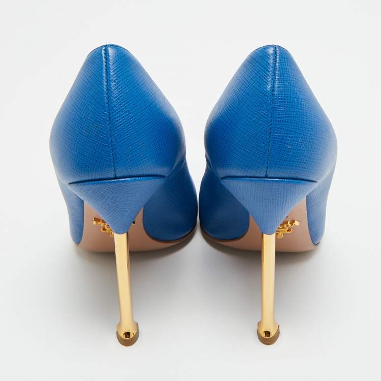 Pre Owned Prada Size 35.5 Blue Saffiano Leather Pointed Toe Pumps