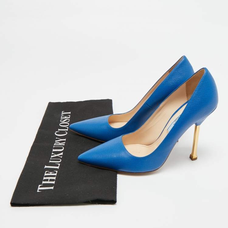 Pre Owned Prada Size 35.5 Blue Saffiano Leather Pointed Toe Pumps