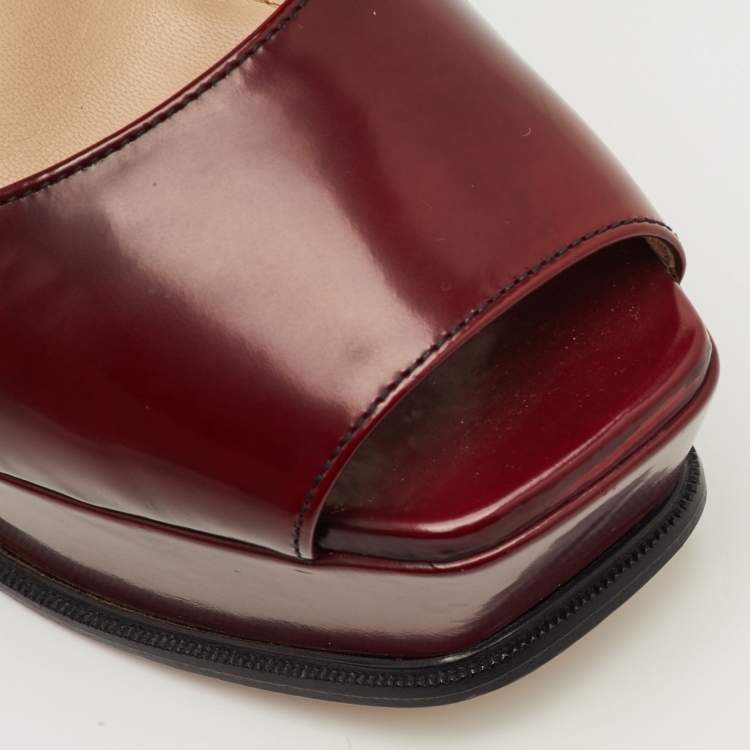 Pre Owned Prada Size 40 Burgundy Patent Leather Platform Ankle Strap Sandals