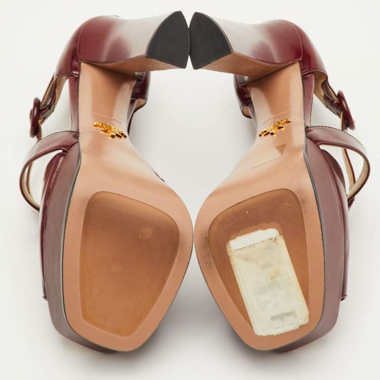 Pre Owned Prada Size 40 Burgundy Patent Leather Platform Ankle Strap Sandals
